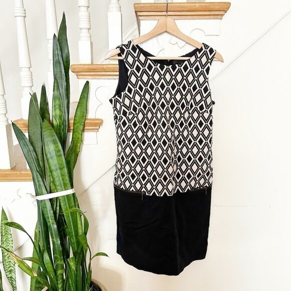 Worthington Black White Diamond Color Block Sleeveless Zip Pocket Shift Dress 4 - Picture 2 of 5